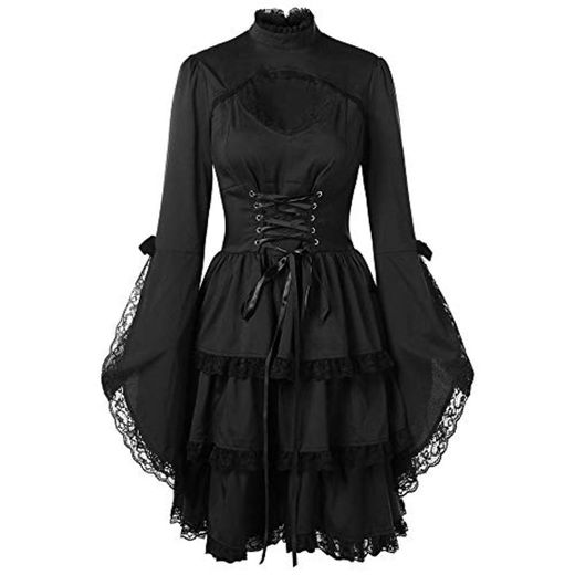 Lenfesh Otoño Invierno Mini Vestido con Manga Larga para Mujer Vestido gotico Negro Vestido de Fiesta Cóctel Vintage Rockabilly Vestido de Fiesta