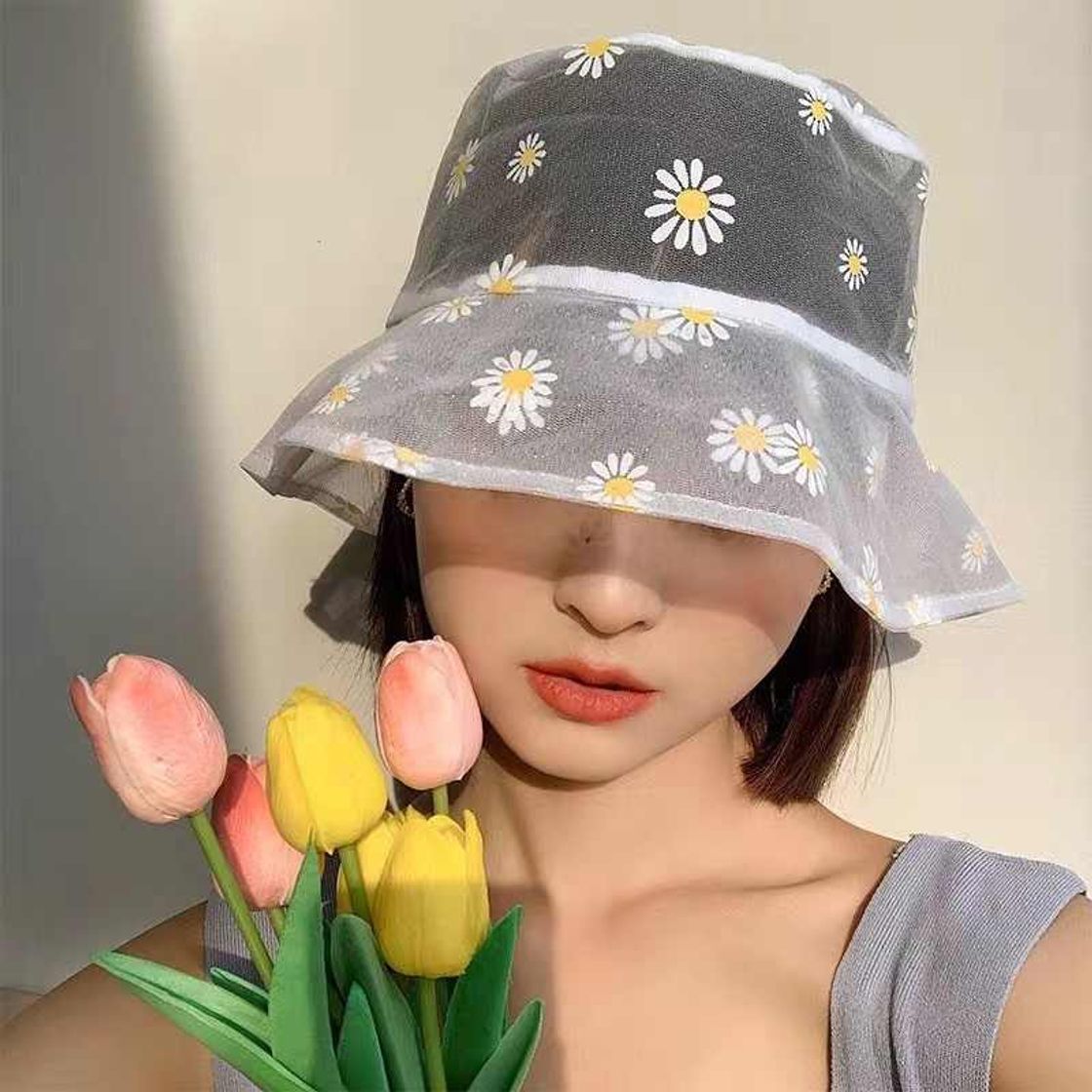 Moda Daisies Embroidered Buckets Hat Women Transparent Lace Flowe