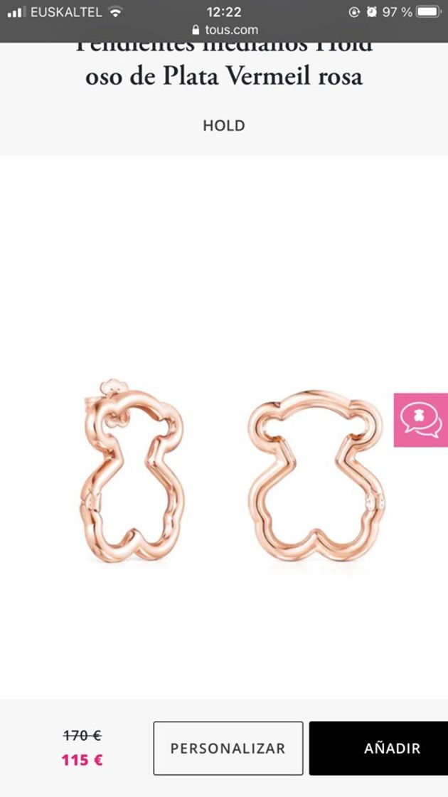 Fashion Pendientes medianos Hold oso de Plata Vermeil rosa | TOUS