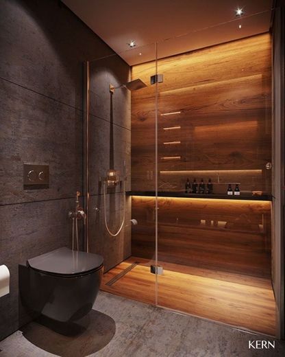 Banheiro Preto com madeira 