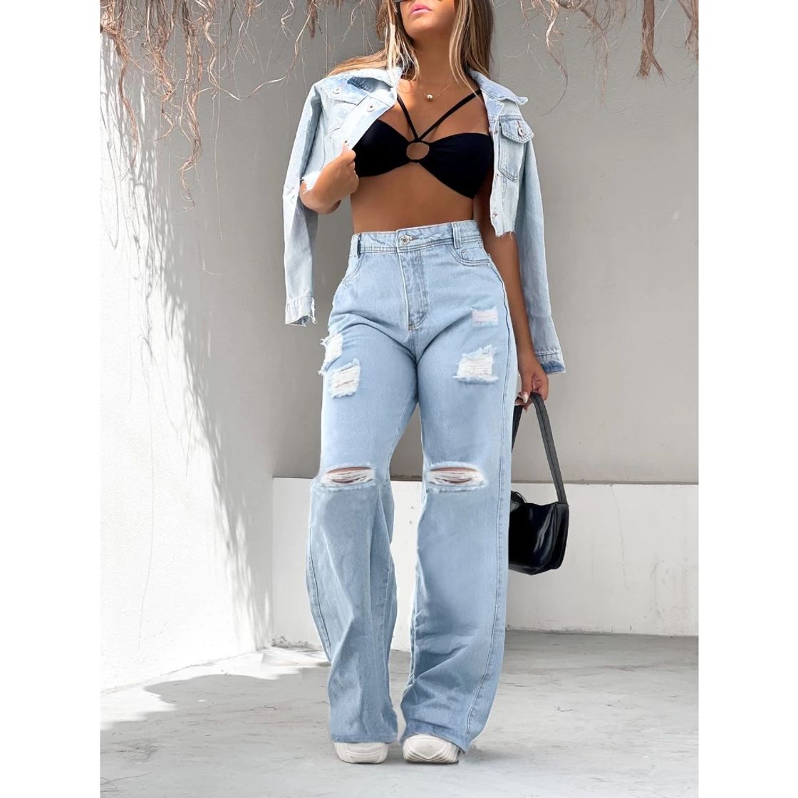 Fashion Calça jeans wide leg rasgada 