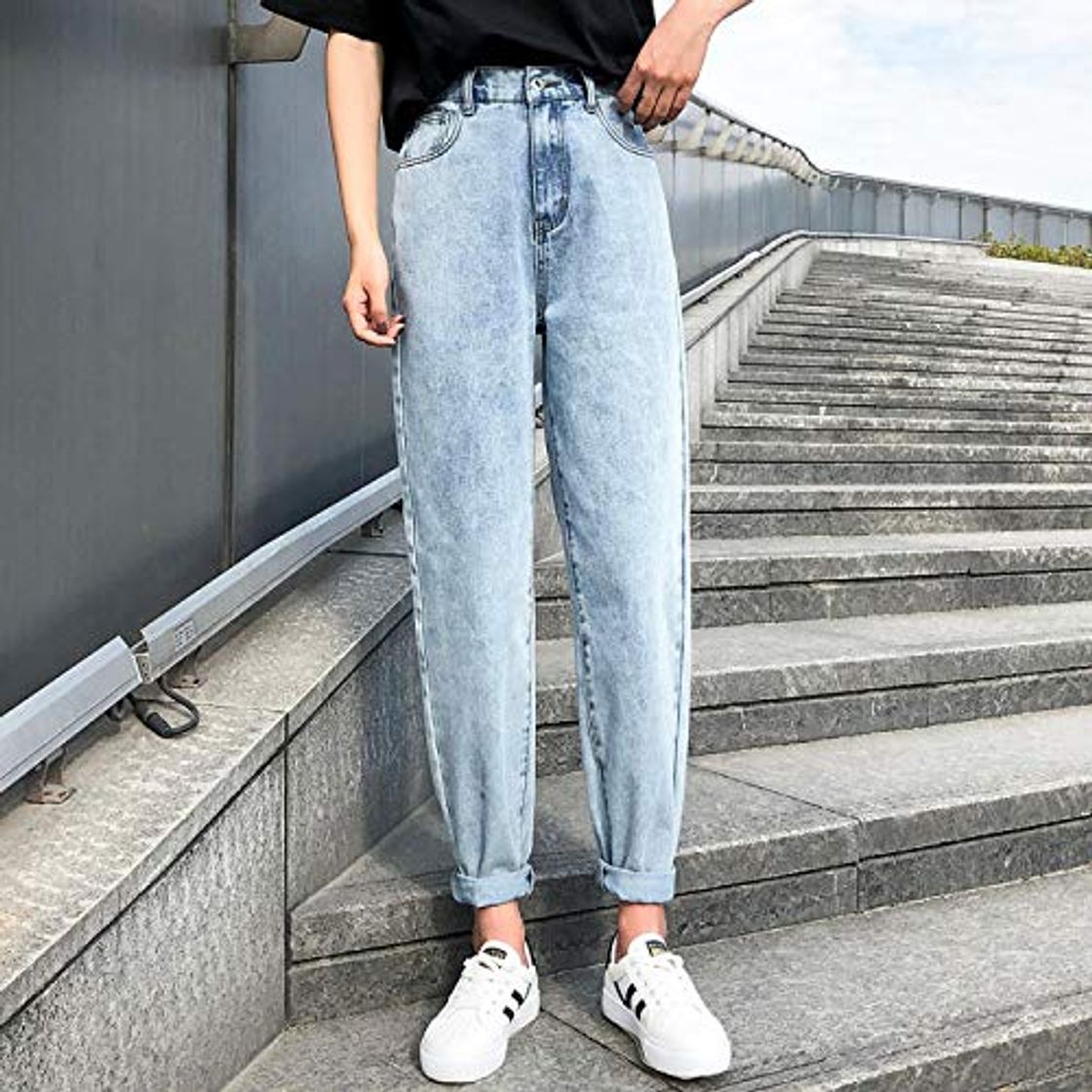 Jeans Pantalones Vaqueros De Cintura Alta Mujer Tallas Grandes Estilo Callejero Cintura Elástica Pantalones De Mezclilla Algodón Recubierto Suelto Jeans Boyfriend Lavados Vintage 29 Azul Cielo