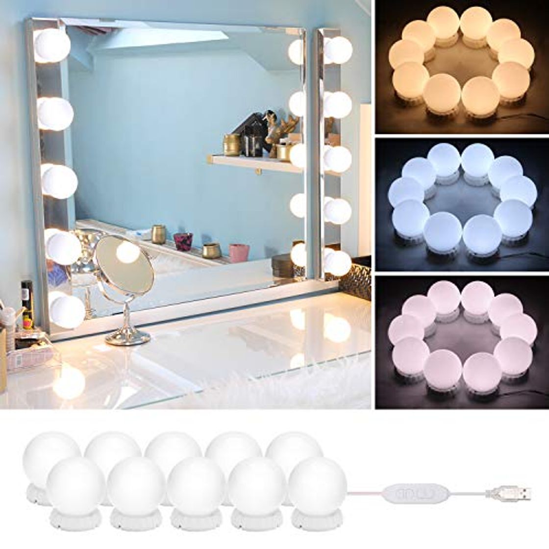 Social Timker Luces LED Kit de Espejo con 10 Bombillas regulables 3 Modos