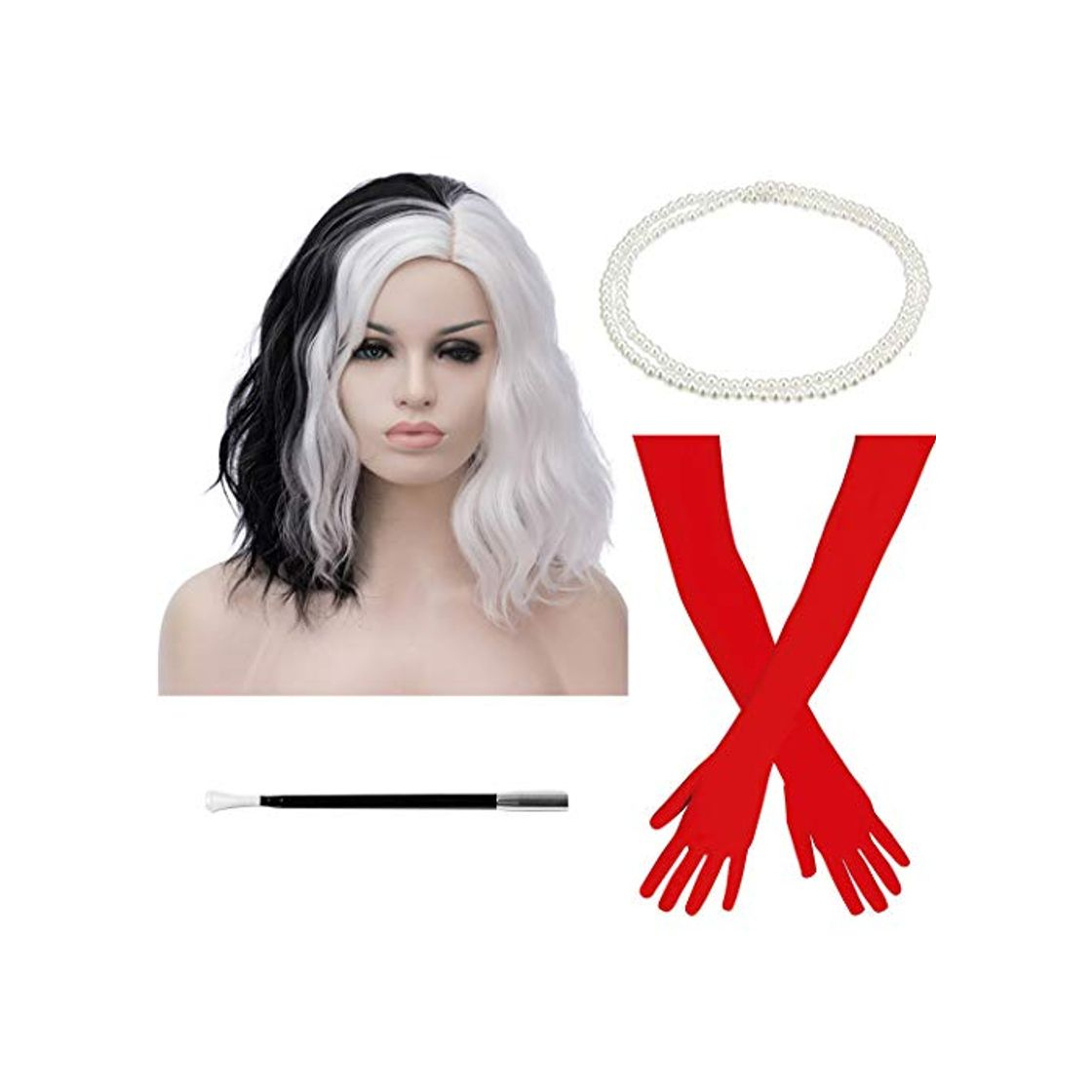 Products TANTAKO® Pelucas de Cosplay Blanco Negro Mujeres con Guantes Rojo Largos y