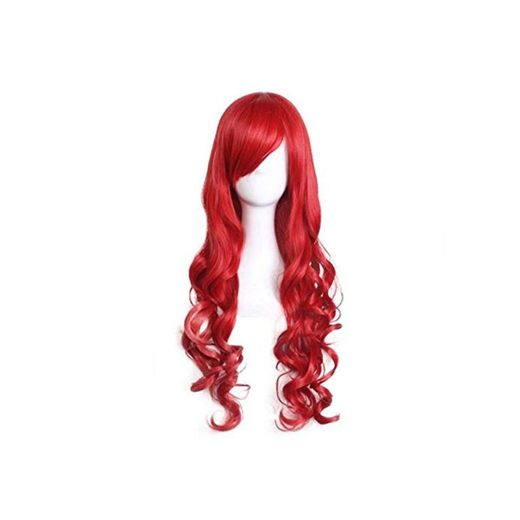 PetHot Pelucas Disfraces Sirena Ariel Rojo Peluca Larga 80cm Estilo Ondulado Halloween Fiesta Ropa Princesa Cosplay Pelo para Niños Mujeres