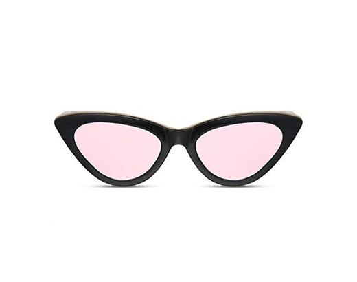Cheapass Gafas de Sol Ojo de Gato Moderno con Montura de Barra Dorada Pequeña Negra y Lentes Rosas Espejadas UV400 Mujer