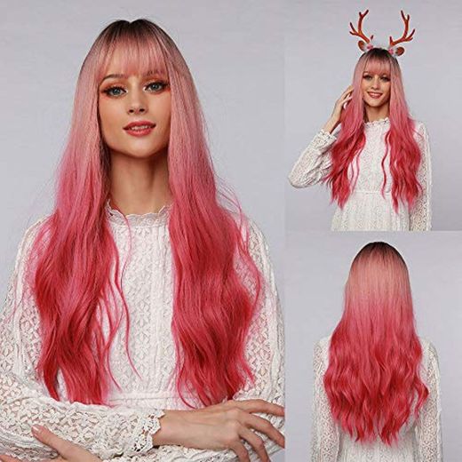 HAIRCUBE pelucas sintéticas onduladas largas Ombre mezcla de raíz negra degradado rosa a rojo pelucas Light Bangs Cosplay pelucas de fiesta para mujeres