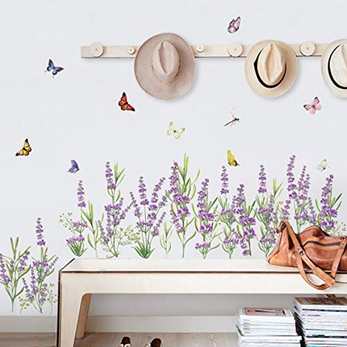 Producto decalmile Pegatinas de Pared Flores de Lavanda Púrpura Vinilos Decorativos Hierba Rodapié Adhesivos Pared Dormitorios Salón Comedor Ventanas