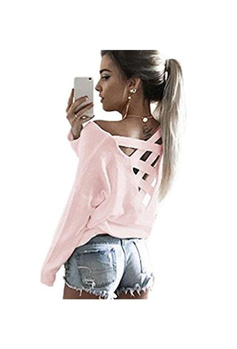 Social Minetom Mujeres Camiseta Con Manga Larga Escotado por Detrás Camisa Blusa T-shirt Blouses Pullover Sudadera Pink ES 44
