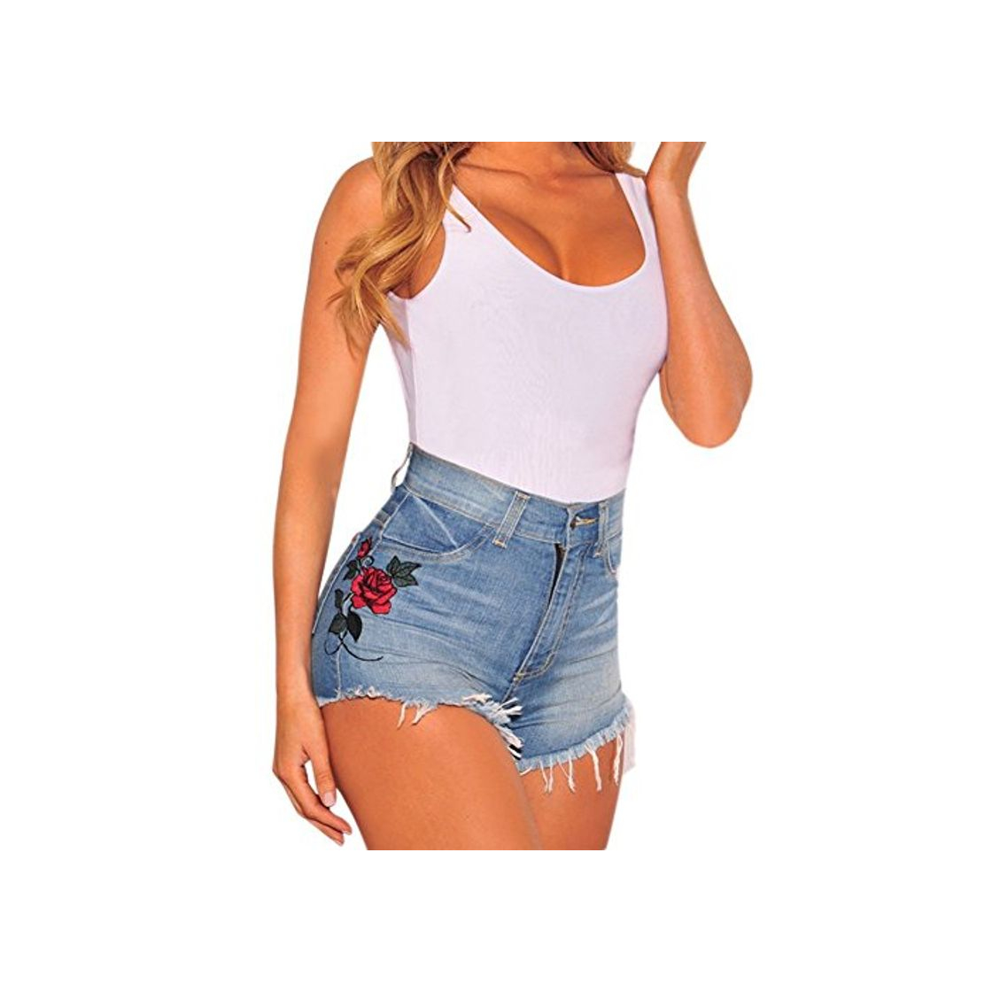 Fashion Mujer Verano Vintage Jeans Impreso Cintura Alta Hole Short Jeans Denim Shorts