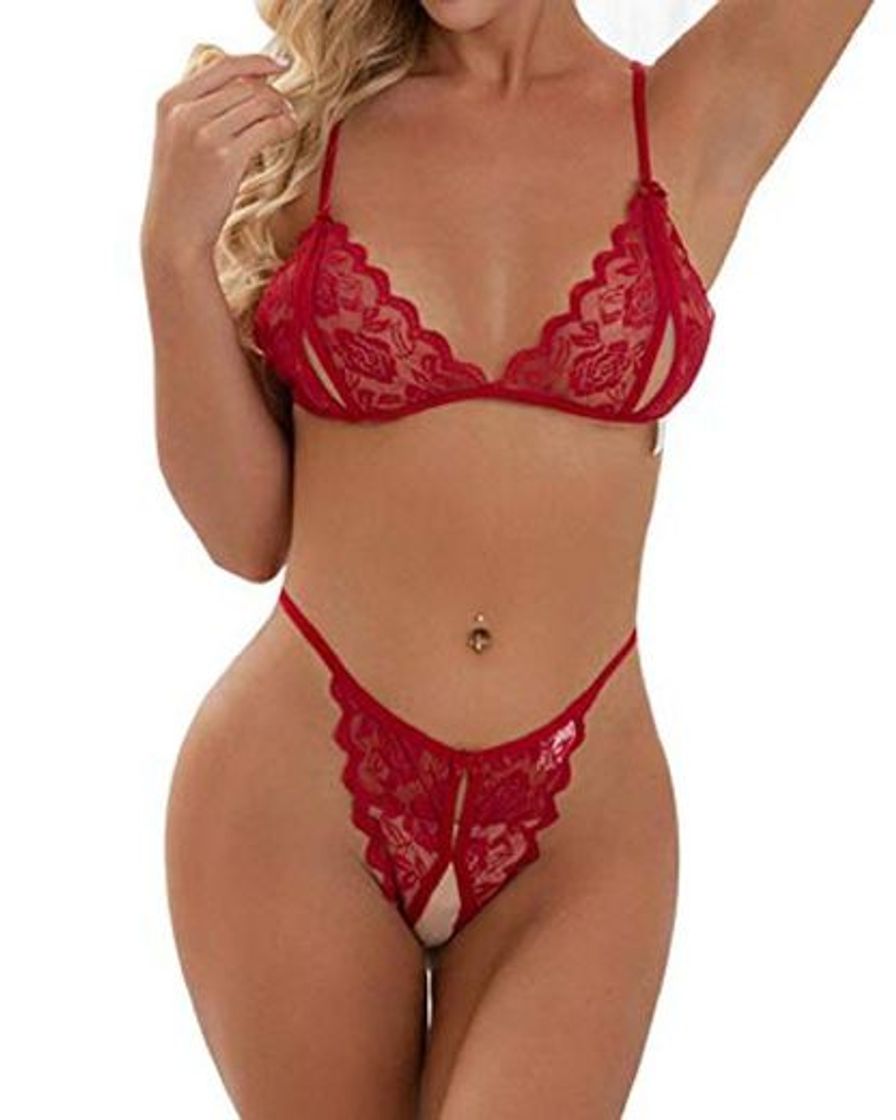 Social heekpek Conjunto Lencería Mujer Sexy Encaje Ropa de Dormir Sexy Mujer Lingerie Bordado Ropa Interior Sujetador Transparente Triangular y Tanga Sexy Dessous Set