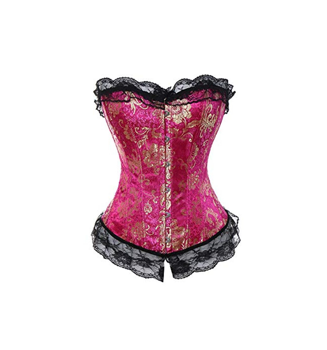 Fashion MISS MOLY Corsé de Encaje Floral para Mujer Sexy Bustier Corset Gótico de Halloween Overbust Vintage Emboridery Satén Lencería para Reducir La Cintura Top con Tang