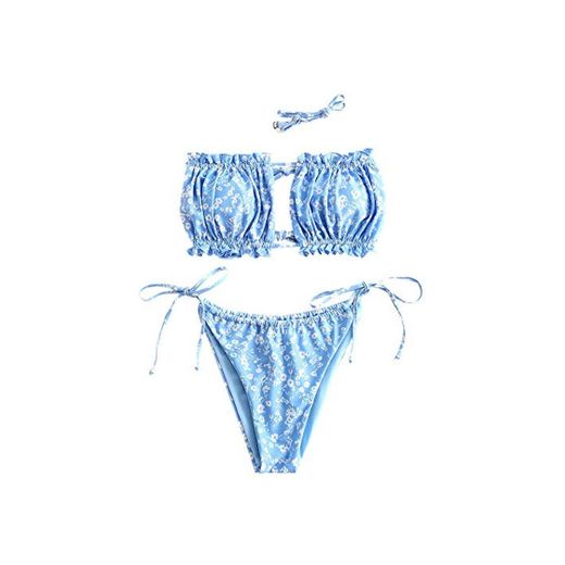 ZAFUL Bikini bandeau Floral Lace Up Ruched para mujer azul S