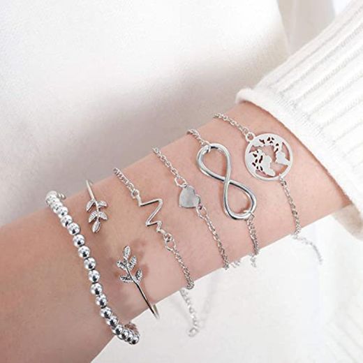 Omont 6 Piezas Plata Pulseras para Mujeres y Niña Acero Inoxidable Pulseras