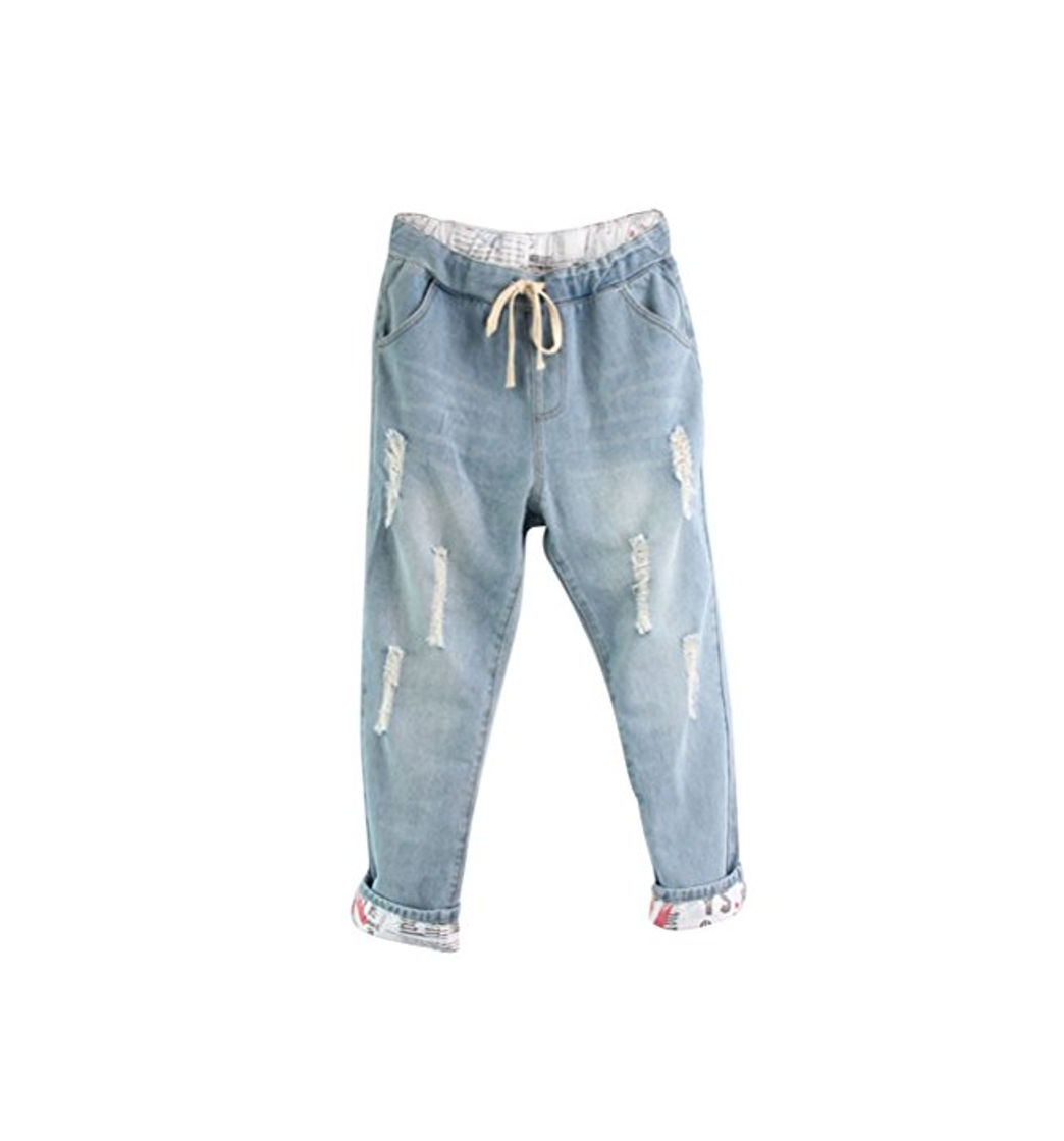 Product Anguang Mujer Boyfriend Vaqueros Ajuste Suelto Pantalones Jeans Haremjeans con Cordón Ligero Azul XL