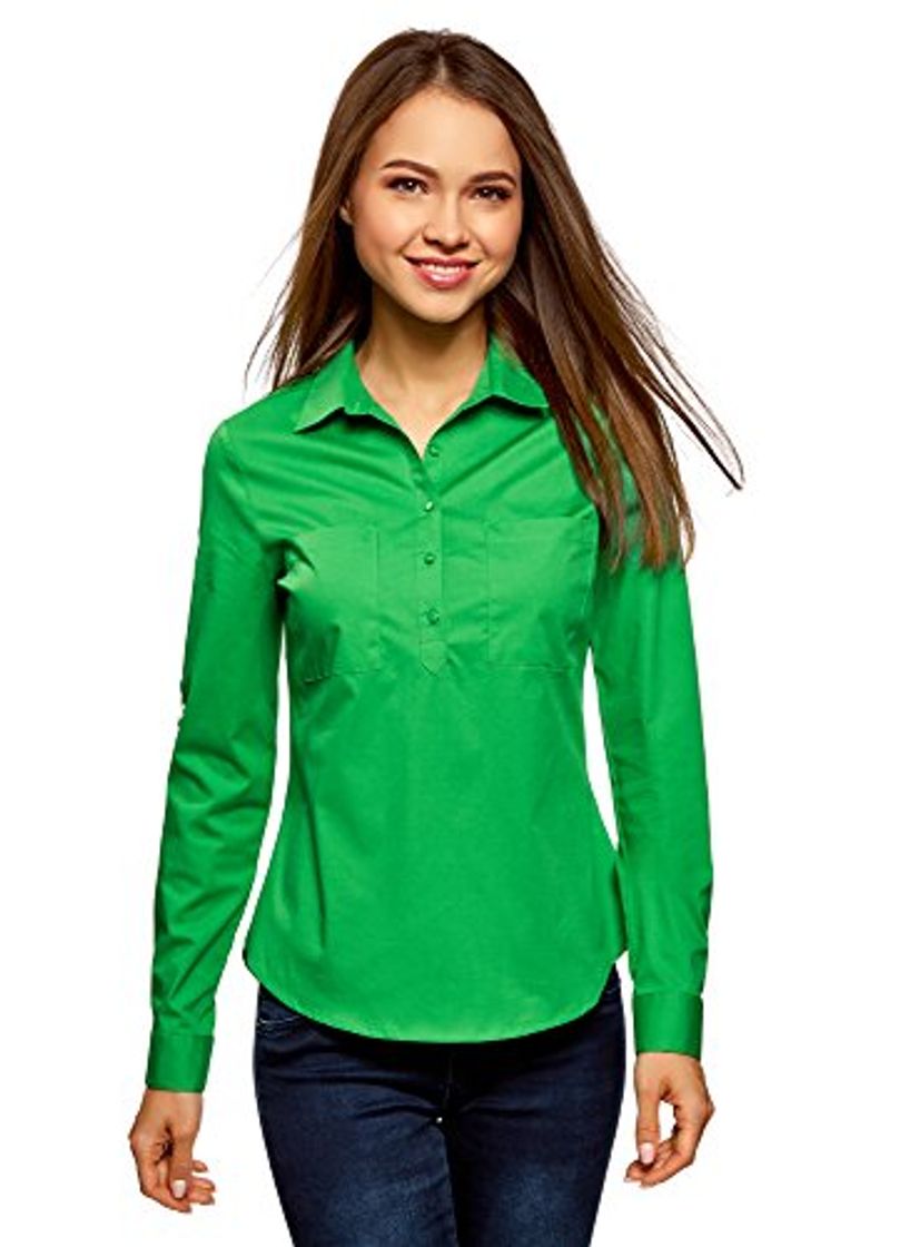 Fashion oodji Ultra Mujer Camisa Básica con Bolsillos en el Pecho, Verde, ES