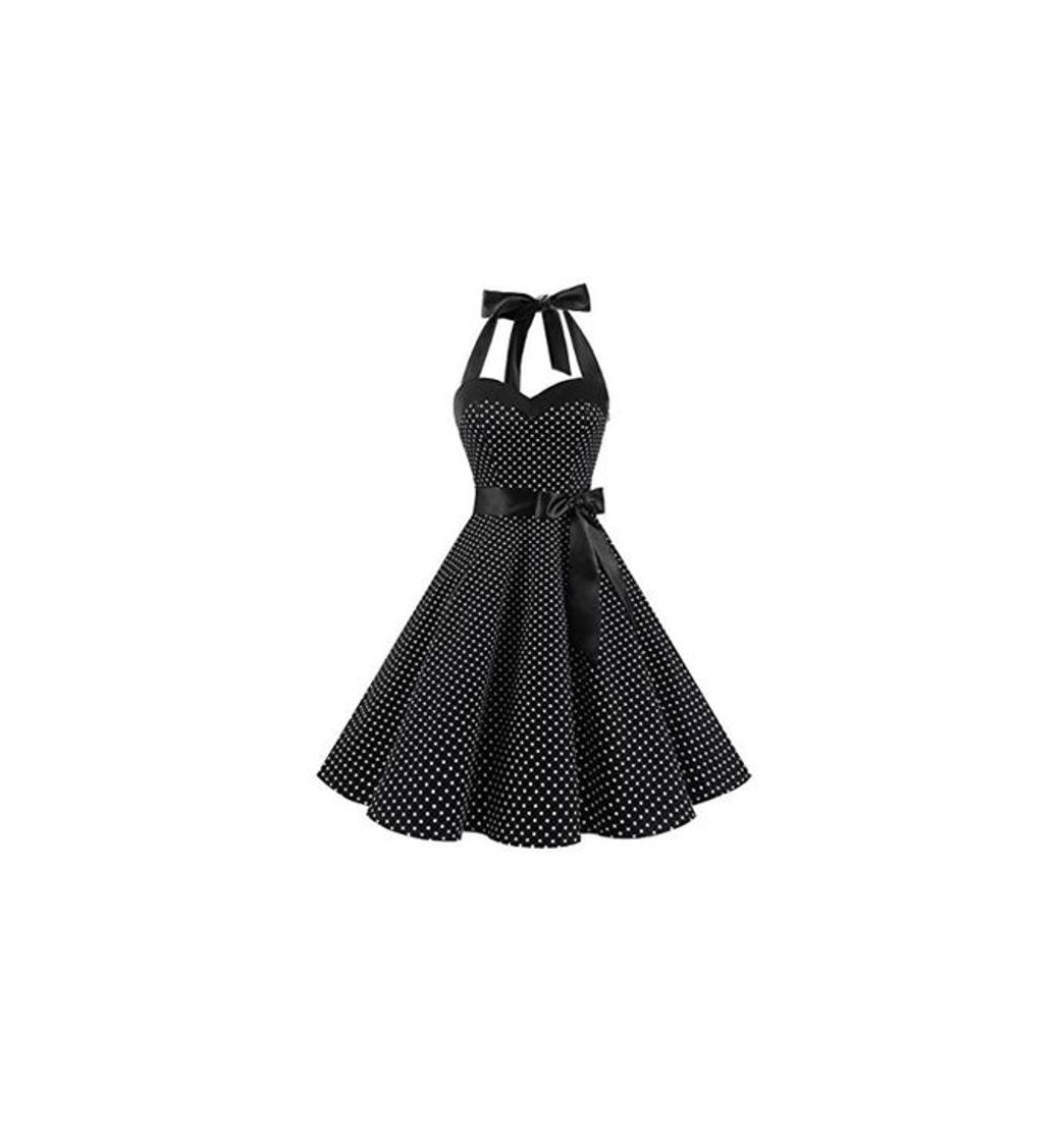 Fashion Dresstells® Halter 50s Rockabilly Polka Dots Audrey Dress Retro Cocktail Dress Black