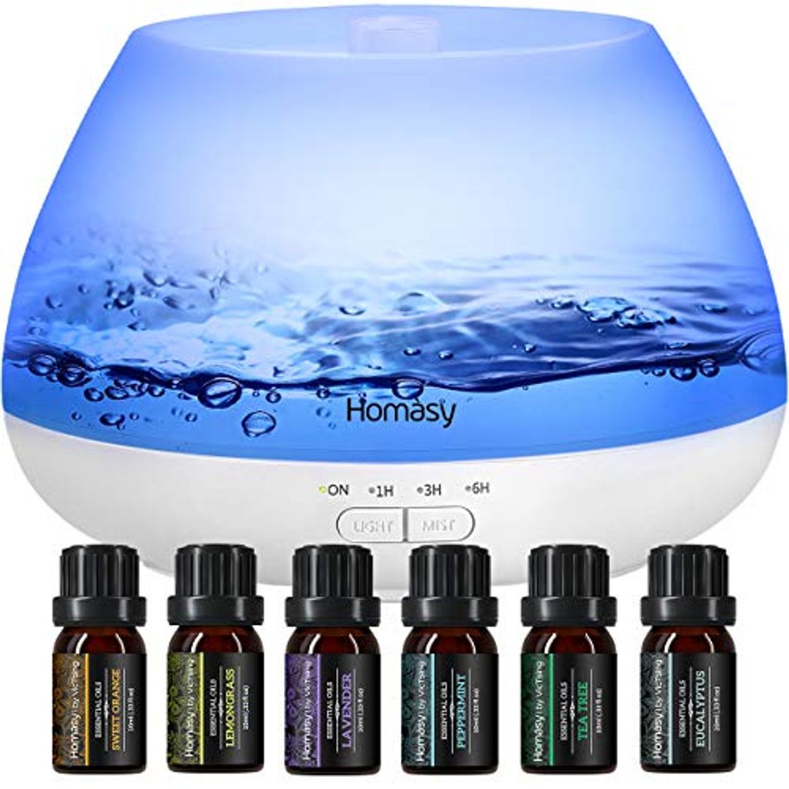 Product Homasy 500ml Difusor de Aromas, Set de 6 Aceites Esenciales, Luz Nocturna