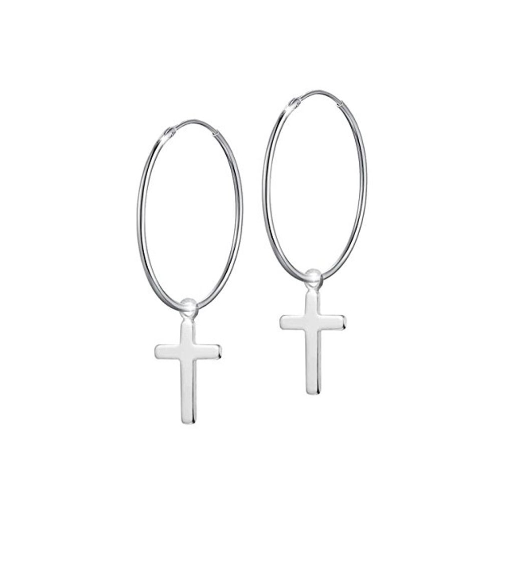 Moda PAPOLY® Pendientes de ARO con detalle de CRUZ 18,25,30,35,40,45,50mm PLATA DE LEY