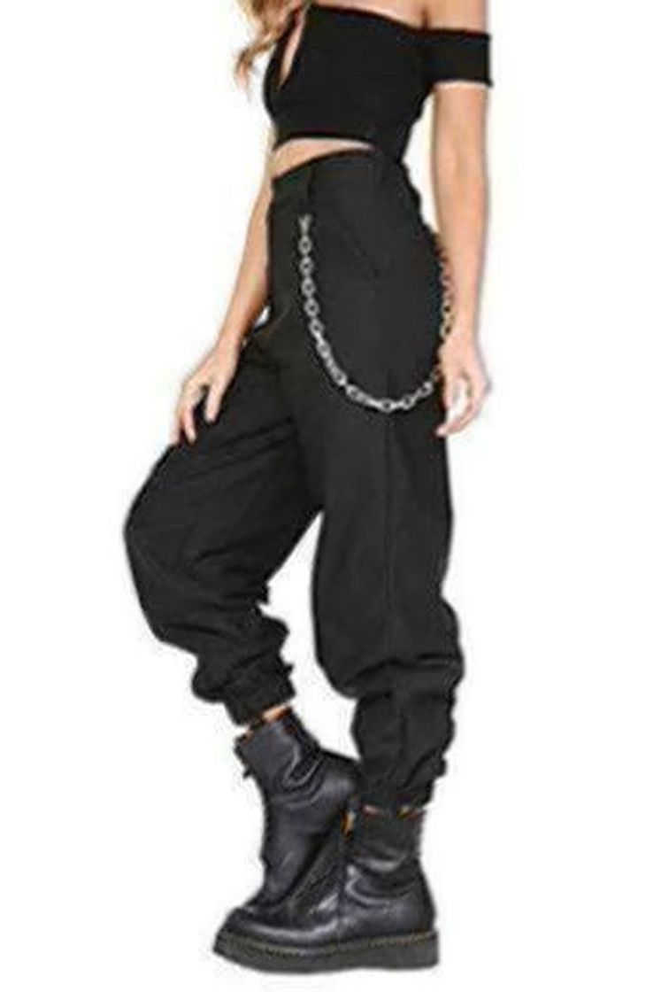 Fashion Pantalon con Cadena y Bolsillos Mujer Retro Boyfriend Pantalone Chandal Cargo Baggy Hip Hop Danza Harem Pants Leggins Deporte Cintura Alta Sólido Casual Trousers Verano Pantalones Punk Rock Streetwear