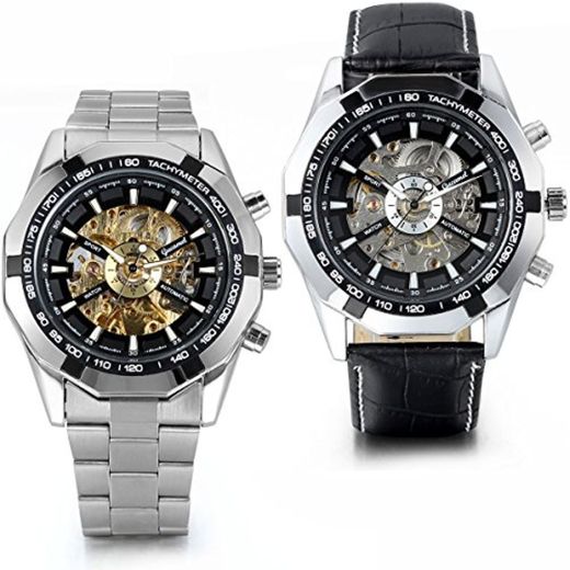 JewelryWe 2 Relojes de acero inoxidable con correa de piel