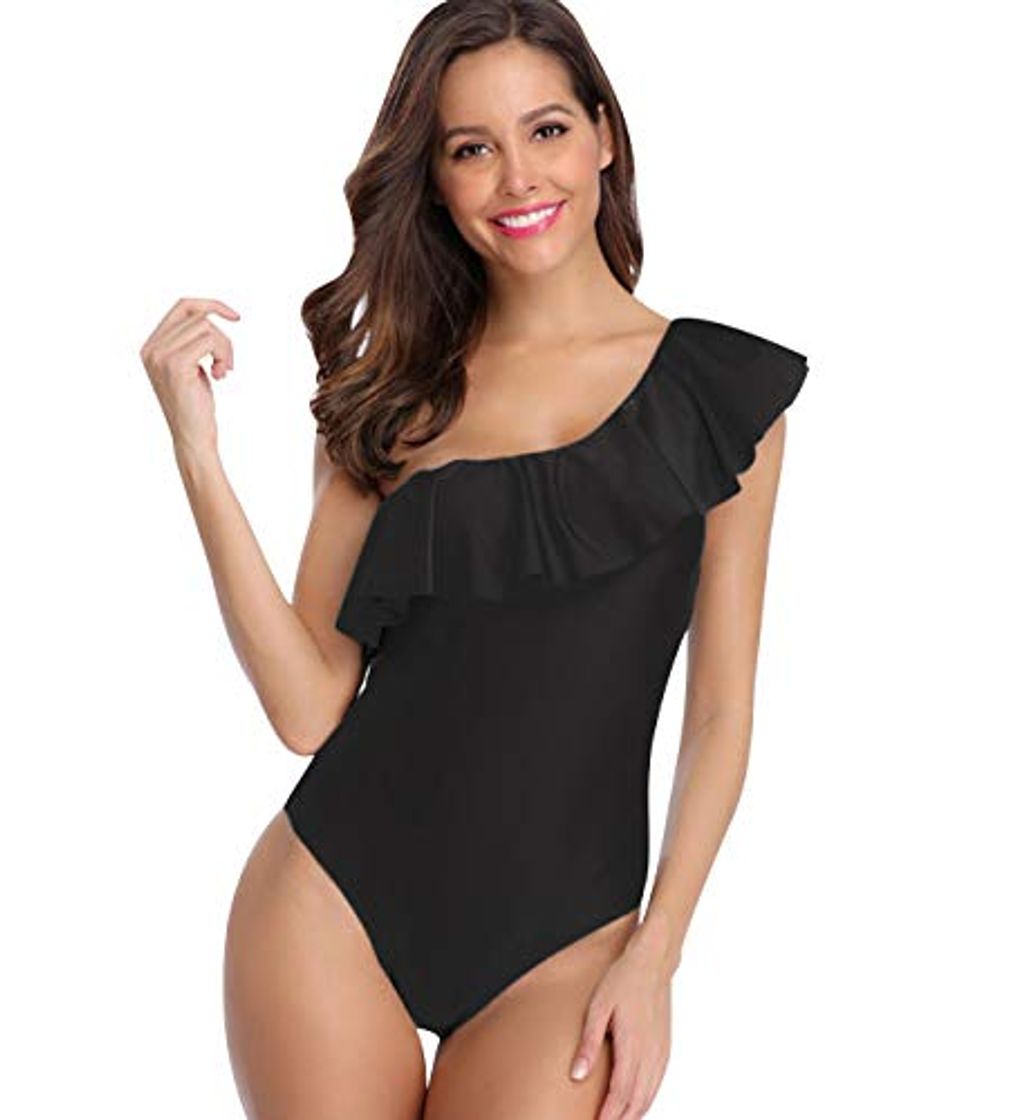 Social Traje de Baño Mujer Bañador Vientre Plano Una Pieza Bañadores sin Tirantes Playa Natacion Mujer con Volantes Bikinis con Relleno Monokini Bikini Push Up Señora Trajes de Baño Enteros Trikini Negro L