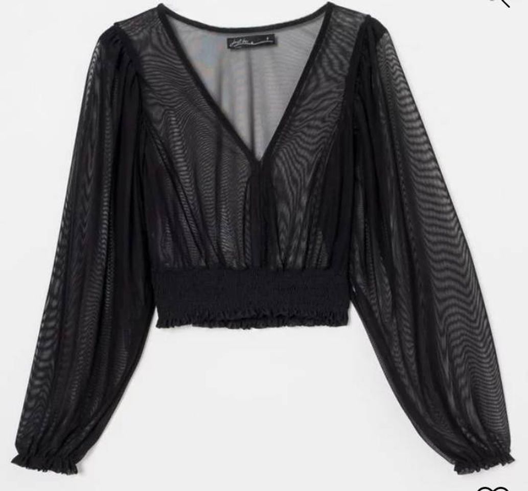 Moda Blusa Cropped Manga Longa Em tule 