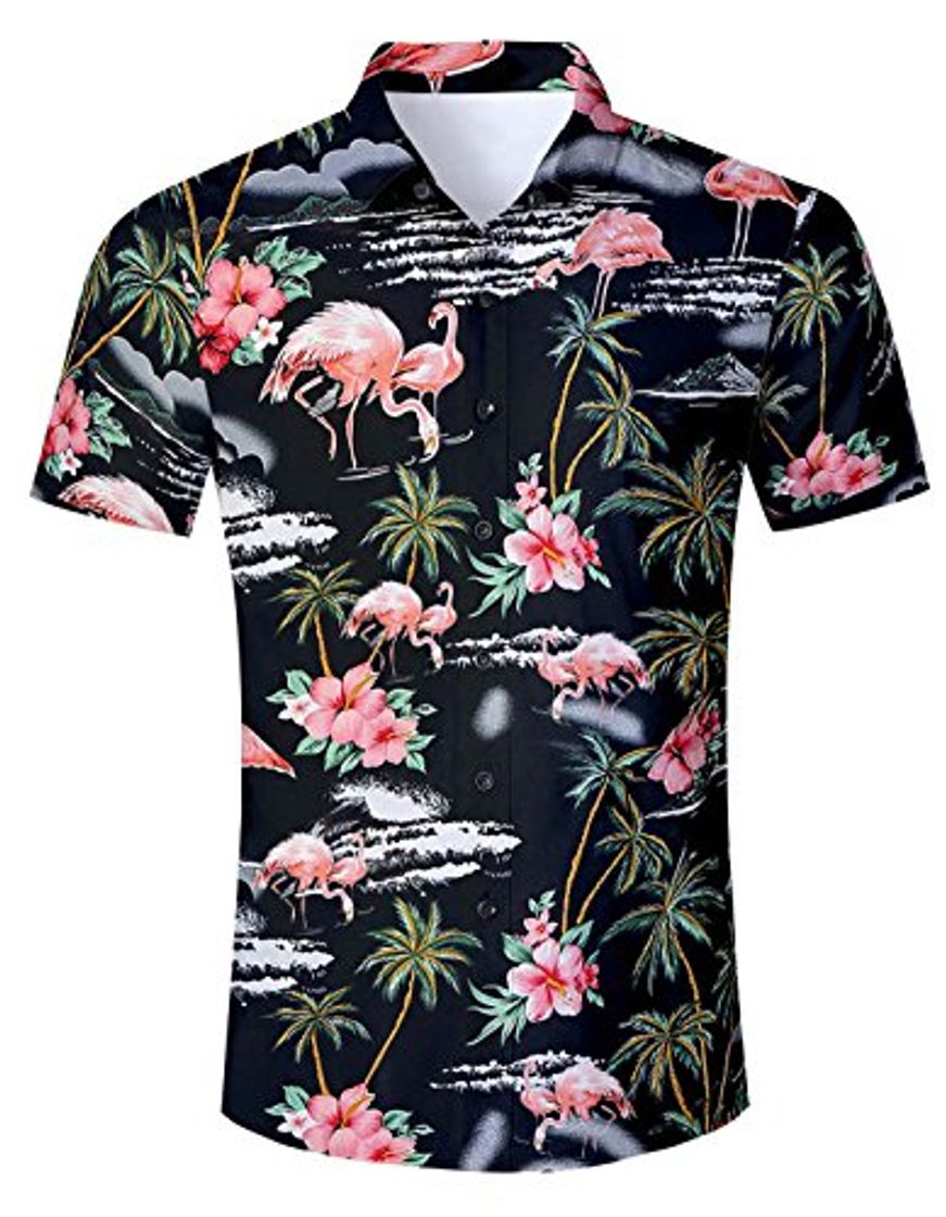 Social AIDEAONE Hombre Camisa de Fiesta de Manga Corta Estampado Negro Hawai Camisa