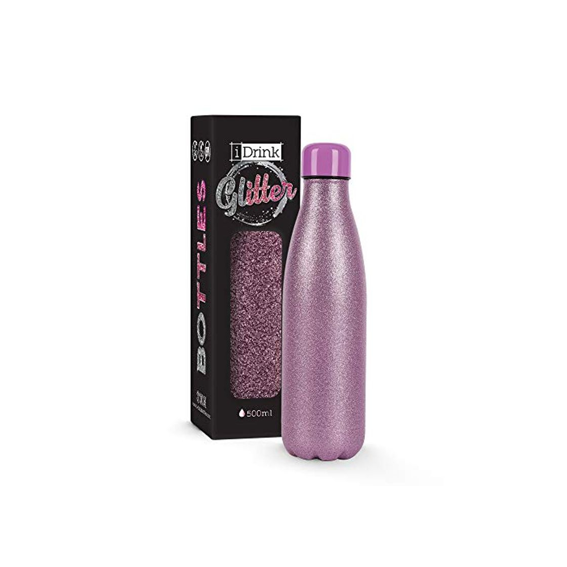 Products i-Drink Botella 500 ML de Doble Pared Acero, térmica, Purpurina Glitter