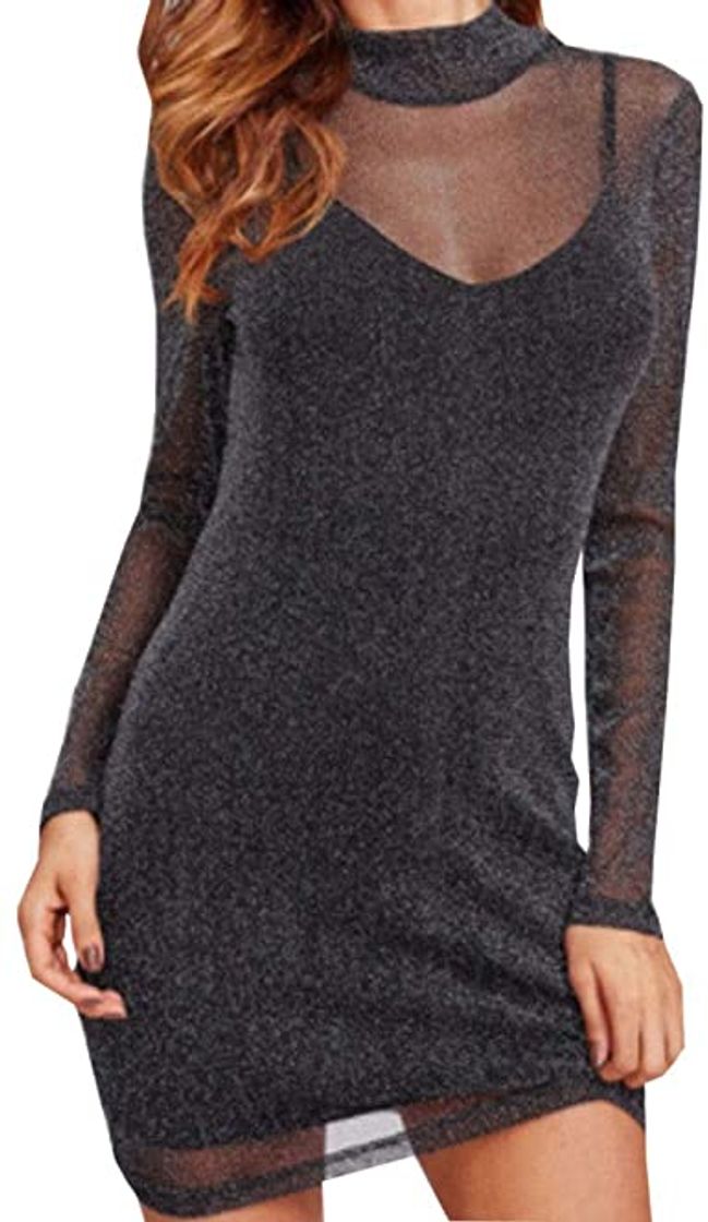 Social riou Mujer Vestido Cuello Redondo Manga Larga Vestido de Trabajo Informal Ajustado con Rayas Transparentes de Malla Bodycon Sexy Mini Vestido para Fiesta