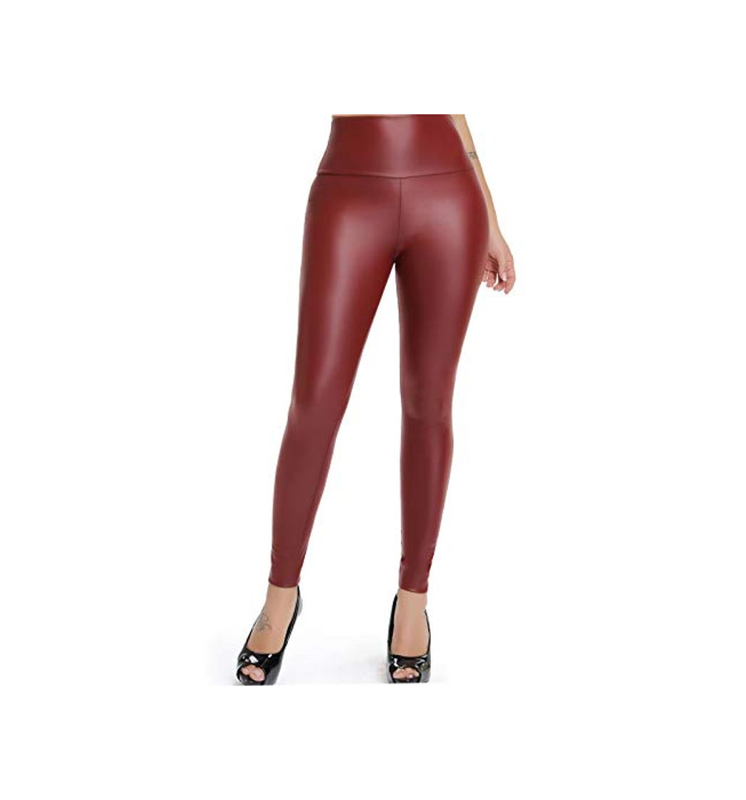 Social FITTOO Mujeres PU Leggins Cuero Brillante Pantalón Elásticos Pantalones para Mujer300#2 Rojo