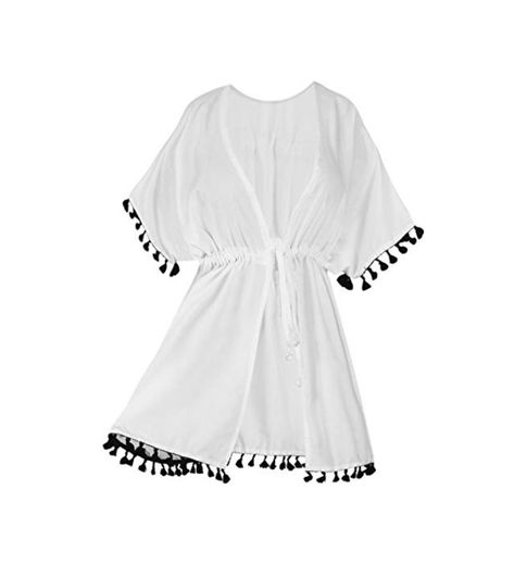 LA LEELA Cosplay Disfraces De Fiesta De Halloween Mujeres rayón Praia de Encaje Corto Kimono Cardigan Ganchillo de La Vendimia Borlas Mini Vestido Exóticas Protector Solar Ropa de Playa Blanco_B55