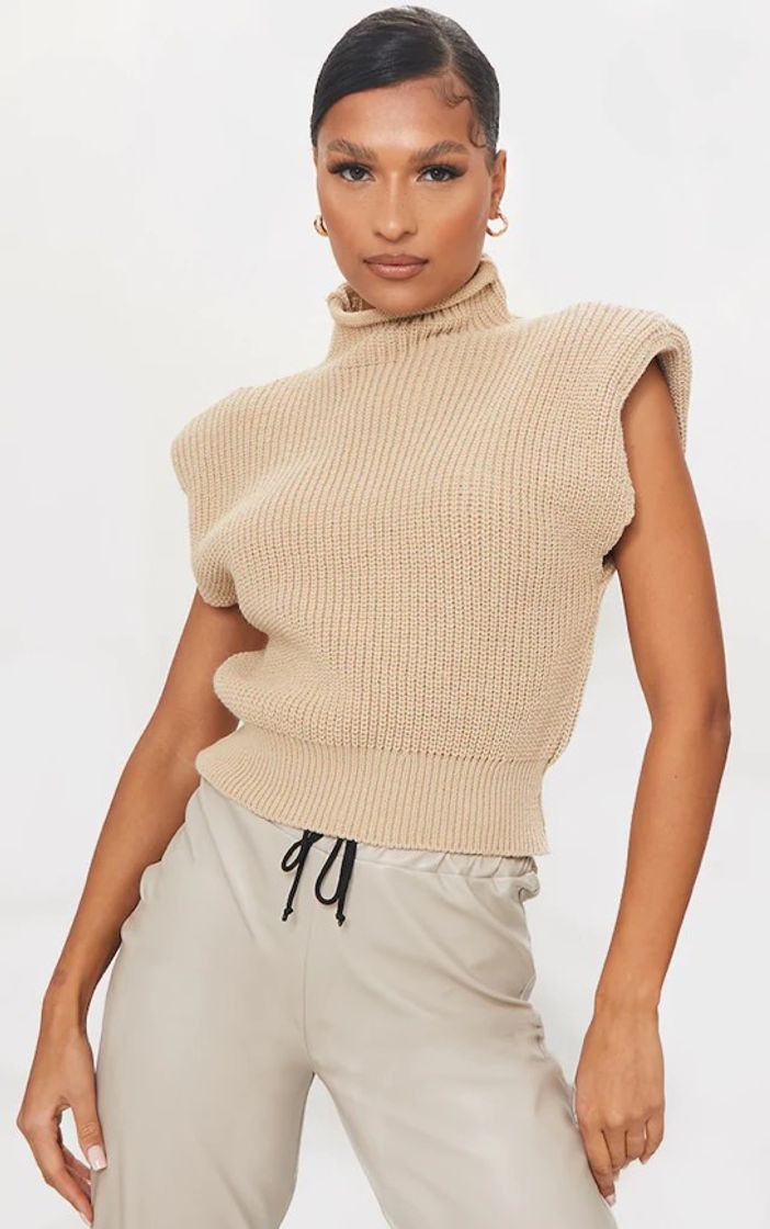 Moda Stone Chunky Knitted Shoulder Pad Sleeveless Jumper