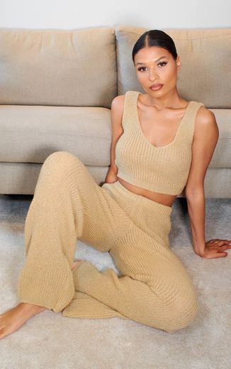 Stone Cosy Knitted Bralet And Wide Leg Set