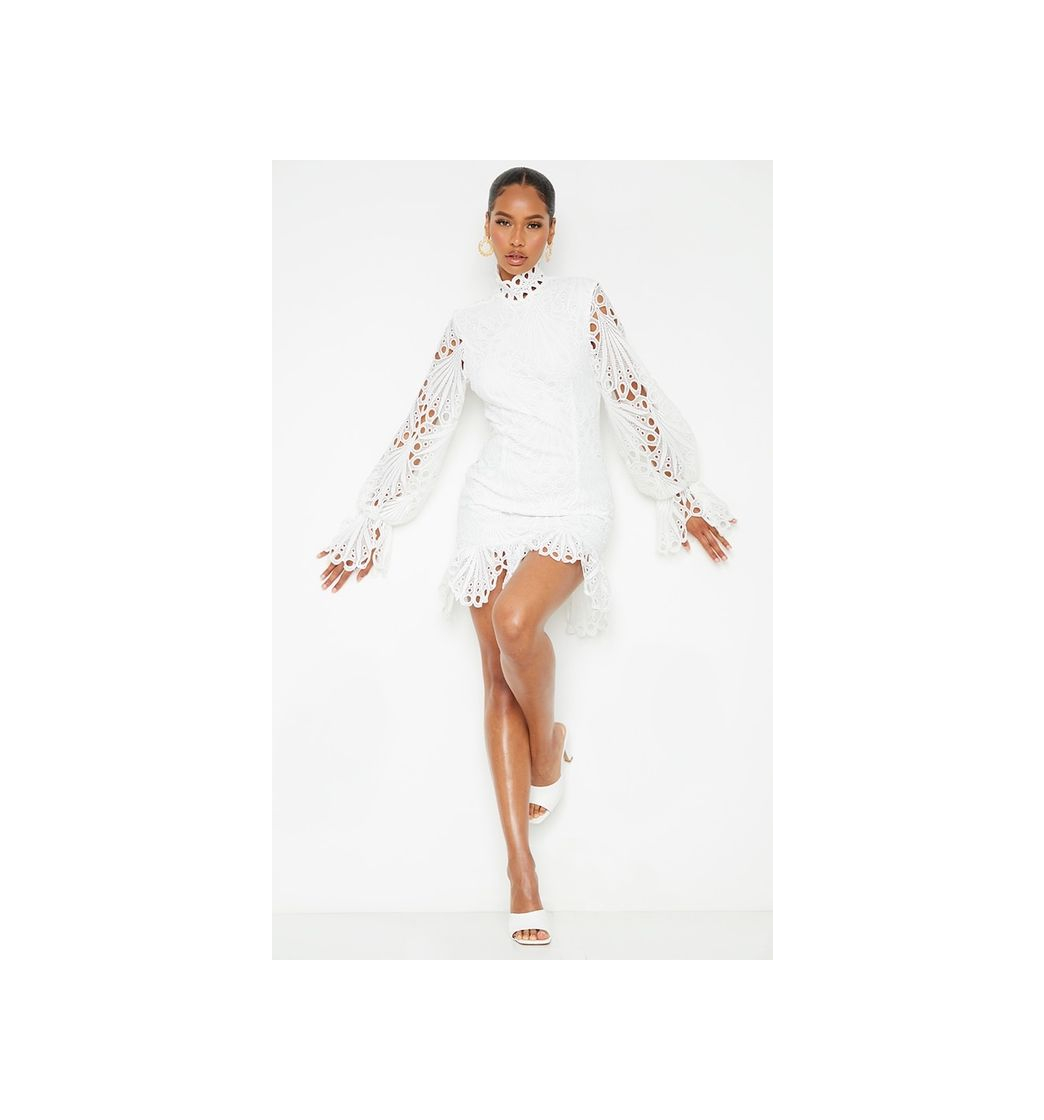 Moda White High Neck Lace Long Sleeve Bodycon Dress