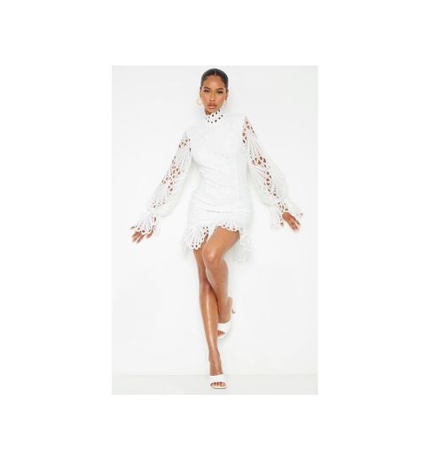 White High Neck Lace Long Sleeve Bodycon Dress