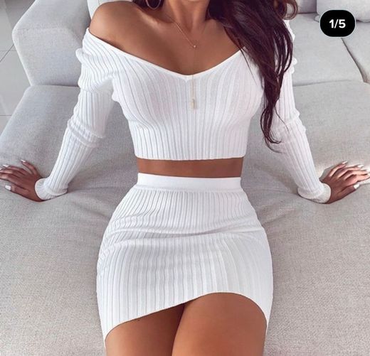Fashion Women Solid Two Piece Dress Set V Neck Ribbed Crop T