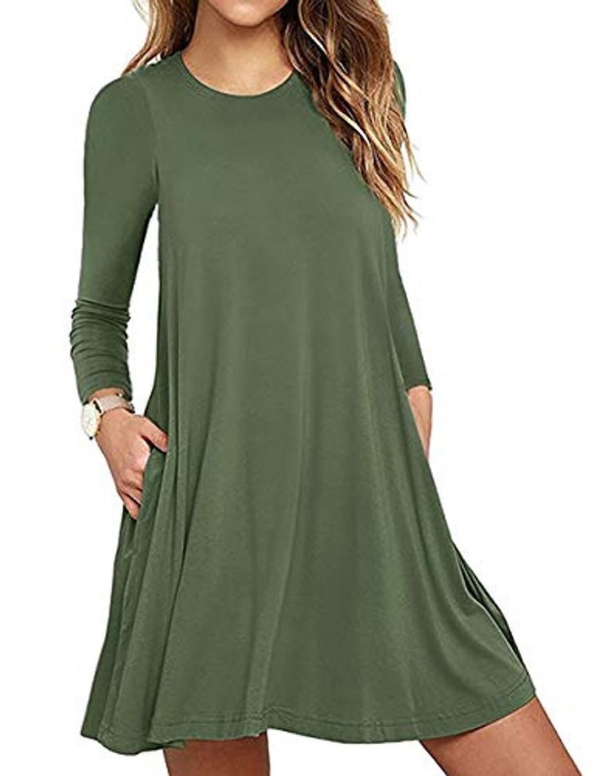 Fashion StarLifey Vestido Camisero para Mujer Vestido Largo de Manga Larga con Cuello Redondo Mini Vestido túnica con Bolsillo Suelto Informal con Bolsillo