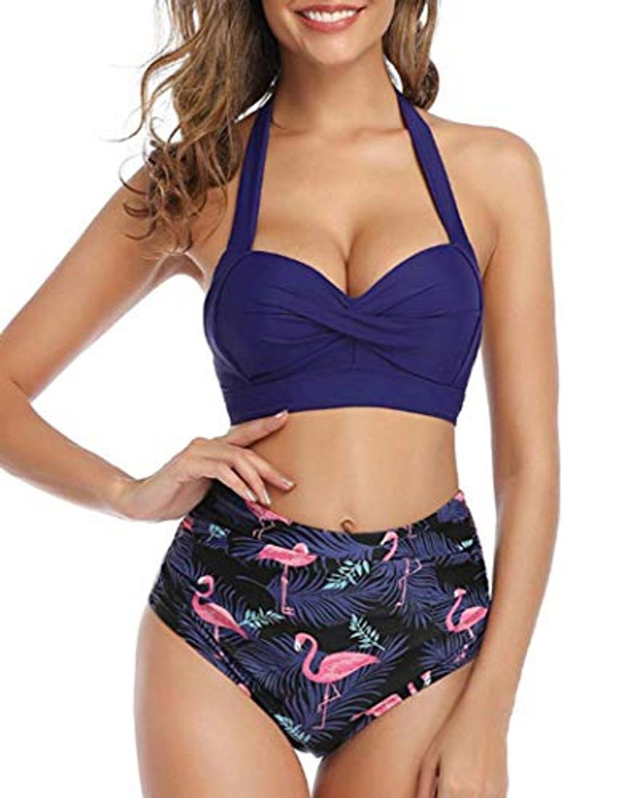 Moda UMIPUBO Conjuntos de Bikini para Mujer Cintura Alta Push Up Traje de baño de Dos Piezas Cuello Halter Tirantes con Retro Ropa de Playa