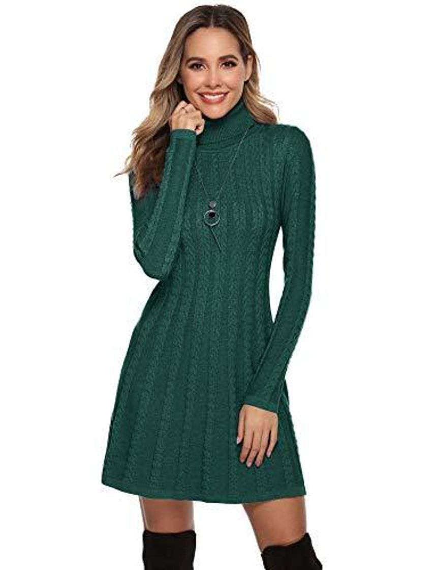 Moda Hawiton Vestido de Punto para Mujer Vestido de Suéter de Cuello Alto Elegante Jersey de Manga Larga de Una Línea para Otoño Invierno