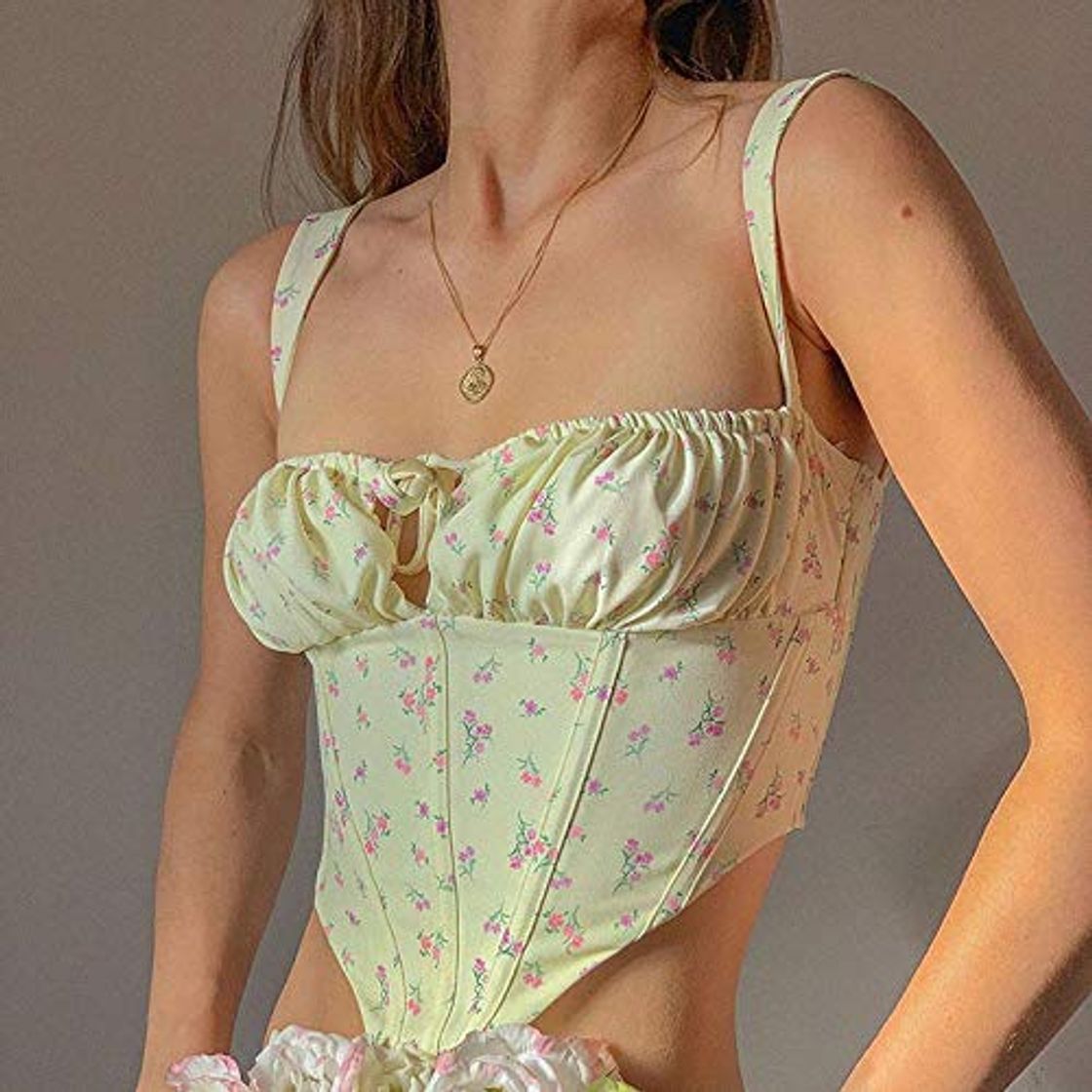 Social DAJUZI Blusas Cortas Estampado Floral Lazo Fruncido Top sin Mangas Crop Tops Mujeres Sexy Backless Bones Bustier Cropped Top M Amarillo