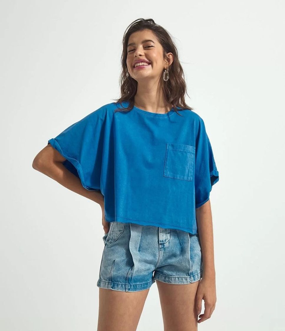 Fashion Blusa Cropped em Algodão com Bolsos Frontal Azul