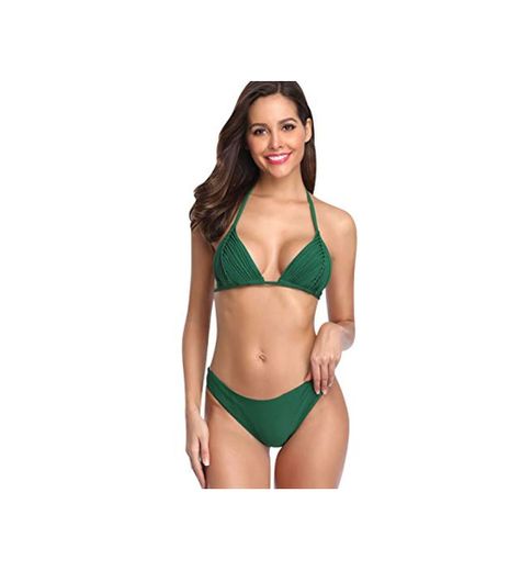 Bikini Cuello Halter Triangulo Push Up Bikinis con Relleno Mujer Bañador Espalda al Aire Dos Piezas Natacion Trajes de Baño Mujer Bañadores Señora Playa Trikini Biquini Piscina Mujeres Verde XL