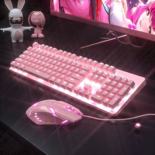 Conjunto De Teclado Mecânico Rosa Para Mesa 