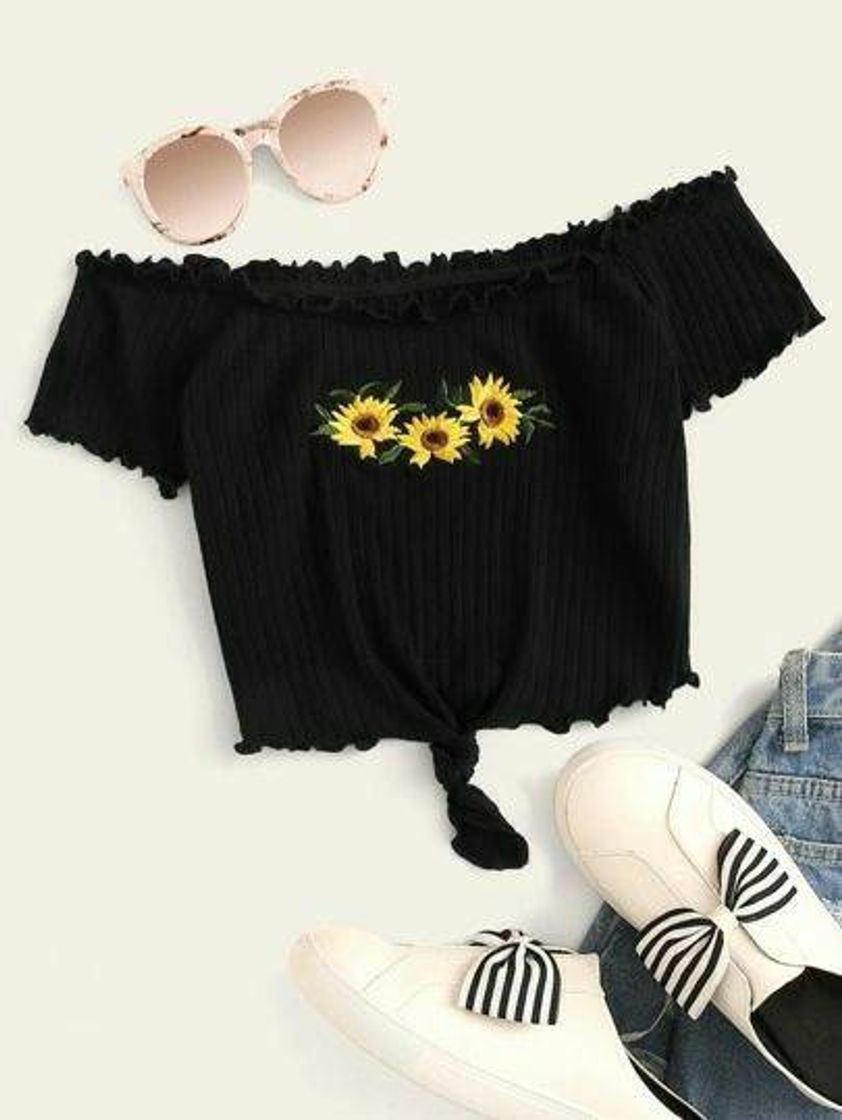 Fashion Cropped preto com girasois