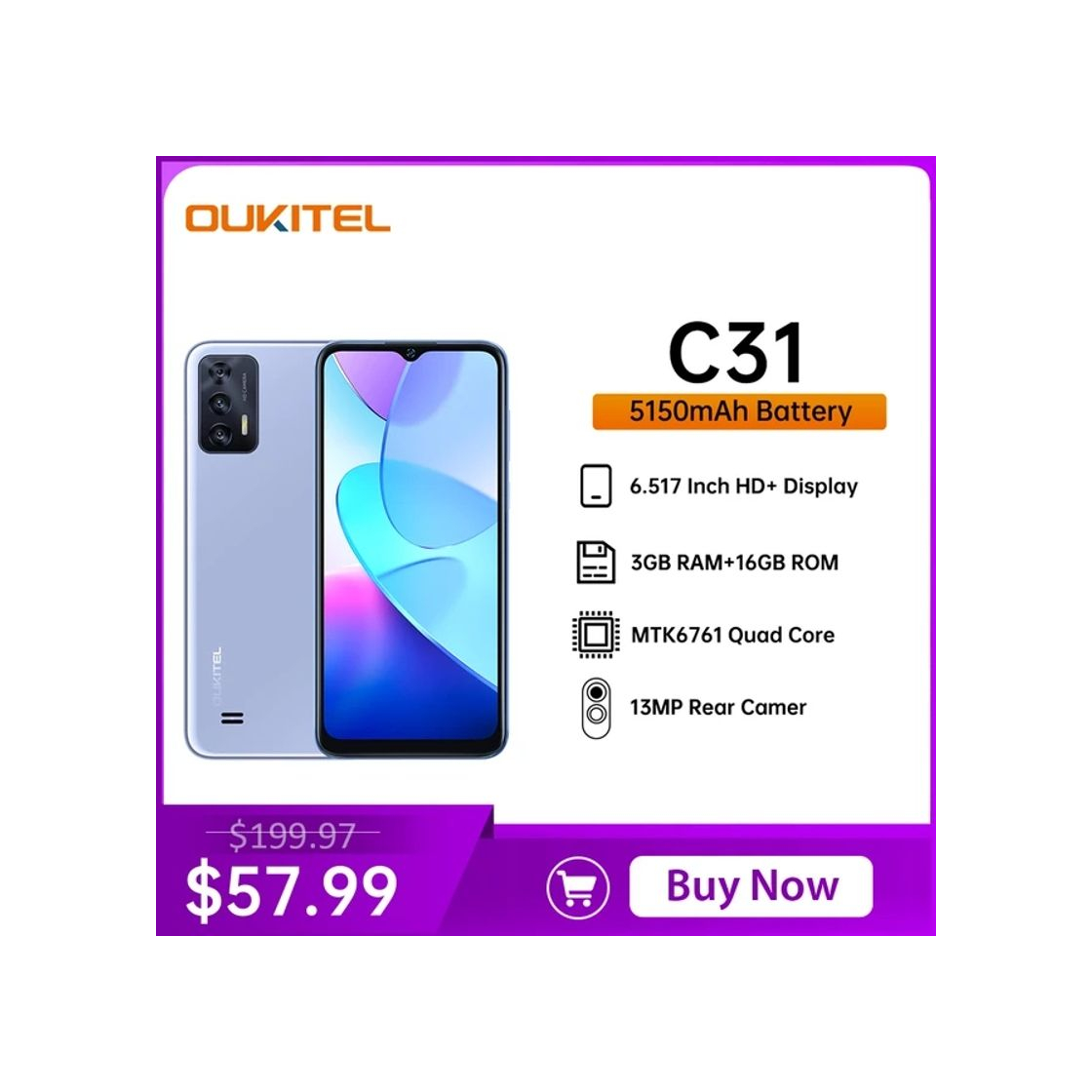 Products OUKITEL-C31 Smartphone Android 12, 6.517 "HD