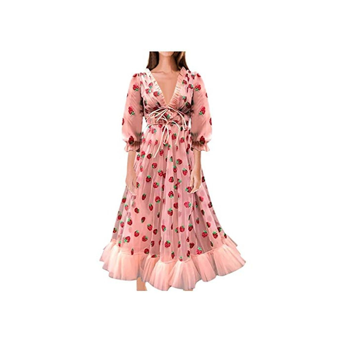 Social catmoew Mujer Vestido Fiesta Largo Manga Corta Fresa Print Casual Vestidos Mujer Vestidos Manga Larga de Fiesta Largos Floral Impresa