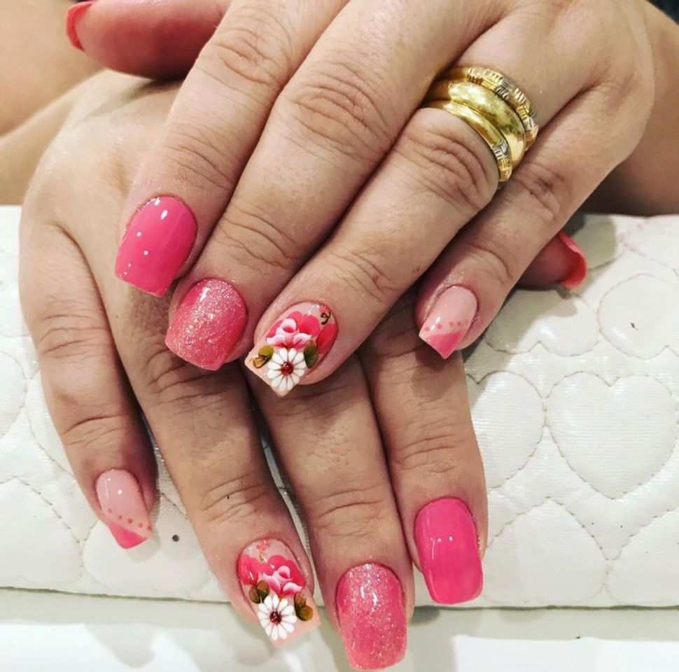 Fashion Unhas cor de rosa/flores/glitter 