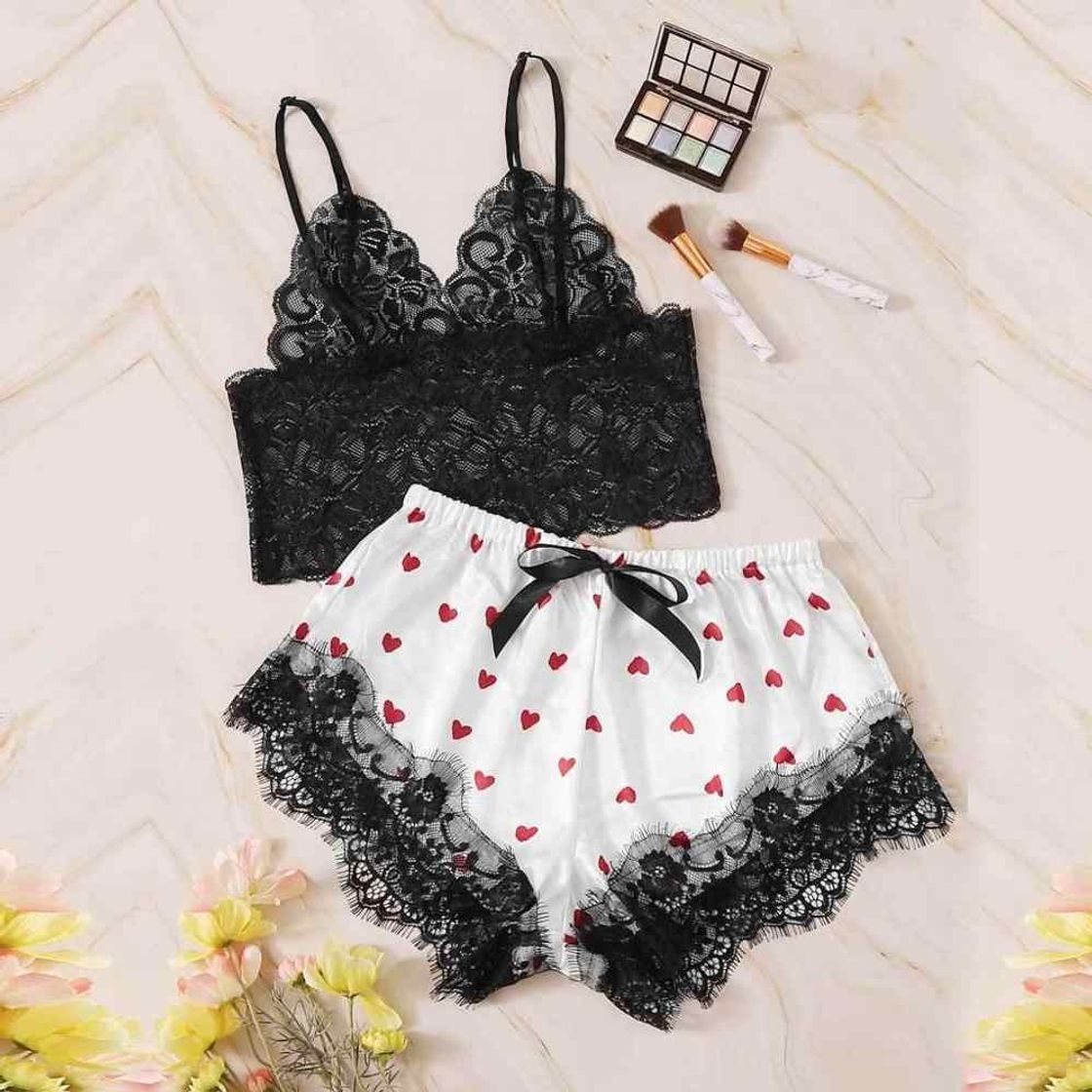 Social ALISIAM Mujeres Sexy con Cuello en v Estampado de corazón de satén de Encaje Camisola Pijamas Bowknot Shorts lencería Conjunto íntimo camisón Moda Ropa de Dormir cómoda