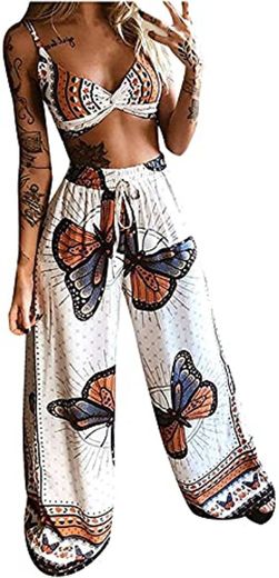 adshi Butterfly Graphic Print Crop Top & Wide Leg Pants Set,Women Boho
